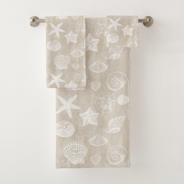 Cream Beige White Beach Shells   Bath Towel Set (Insitu)