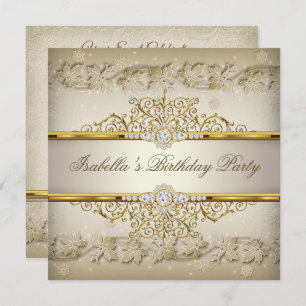 Cream Beige White Gold Elegant birthday Party Invitation