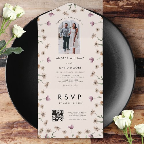 Cream Beige Wildflowers Arch photo QR Code Wedding All In One Invitation