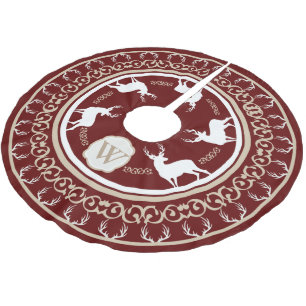 Cream & Berry Red Deer with Antlers Monogram Brushed Polyester Tree Skirt