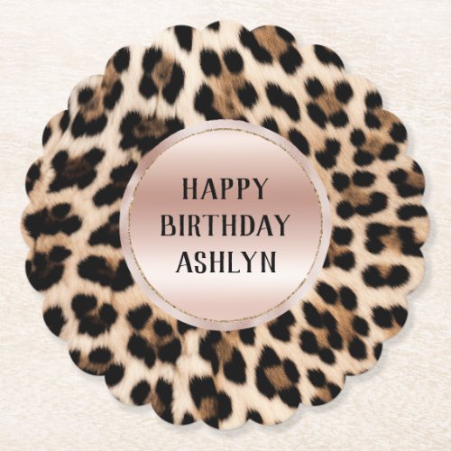 Cream Black Brown Leopard Blush Pink Birthday Paper Coaster