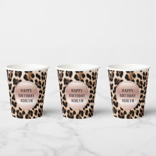 Cream Black Brown Leopard Blush Pink Birthday Paper Cups