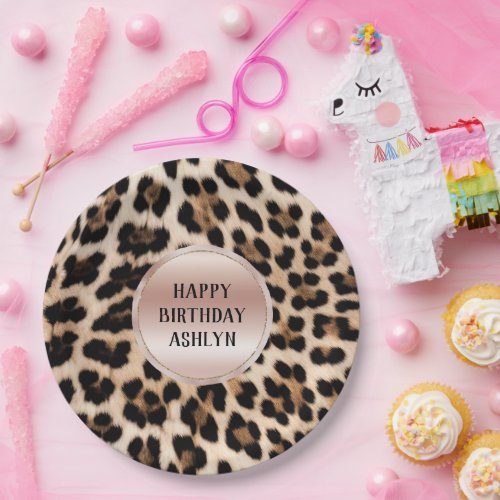 Cream Black Brown Leopard Blush Pink Birthday Paper Plates