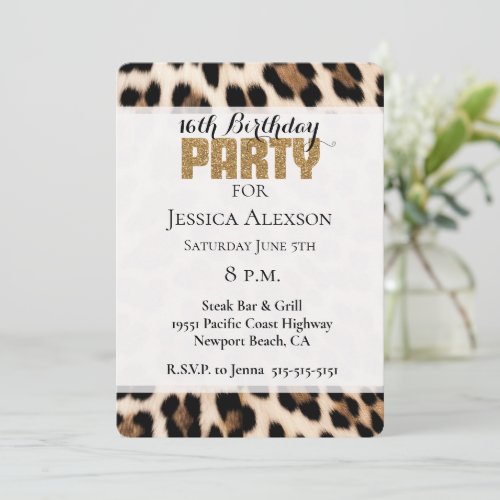 Cream Black Brown Leopard Gold Glitter Party Invitation