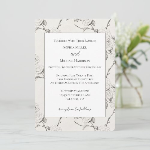 Cream Black Fall Flowers Elegant Wedding Invitation
