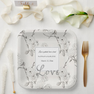 Cream Black Fall Flowers Love Wedding Paper Plates