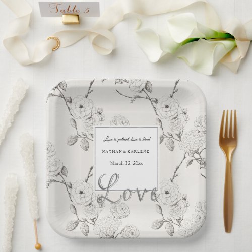 Cream Black Fall Flowers Love Wedding  Paper Plates