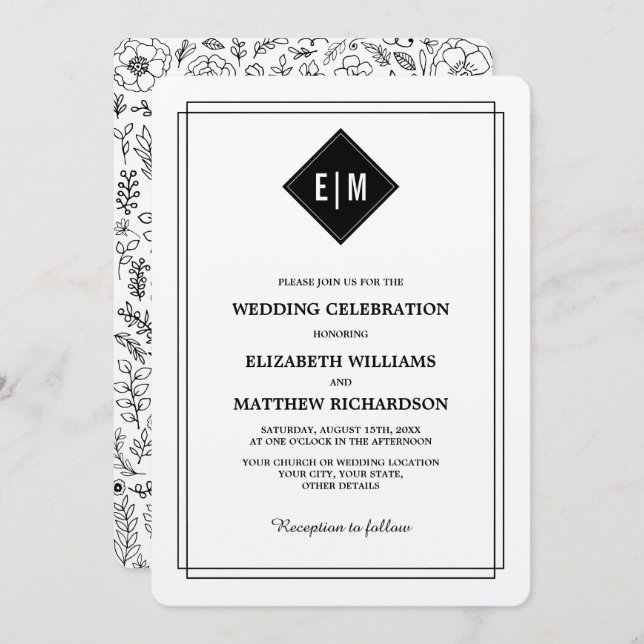 Cream | Black Floral Pattern Wedding Invitation (Front/Back)