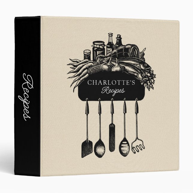Cream Black Food Utensils Custom Faux Linen Recipe 3 Ring Binder (Front/Spine)