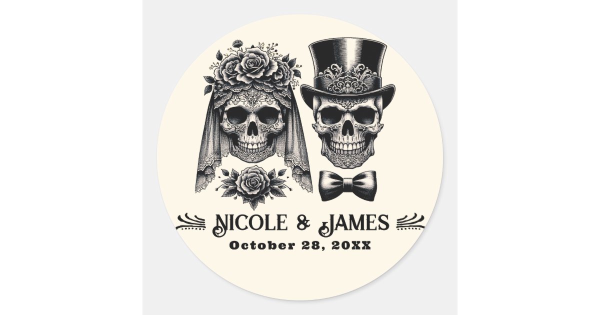 Cream Black & Gold Vintage Skeleton Wedding Classic Round Sticker | Zazzle