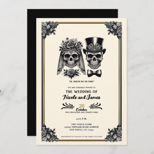 Cream Black  Gold Vintage Skeleton Wedding  Invitation