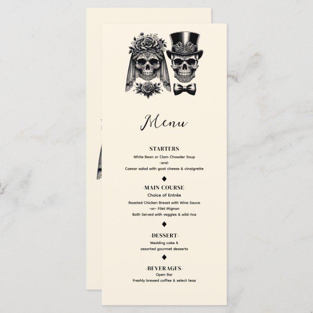 Cream Black & Gold Vintage Skeleton Wedding Menu (Front/Back)