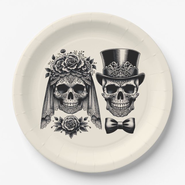 Cream Black & Gold Vintage Skeleton Wedding  Paper Plates (Front)