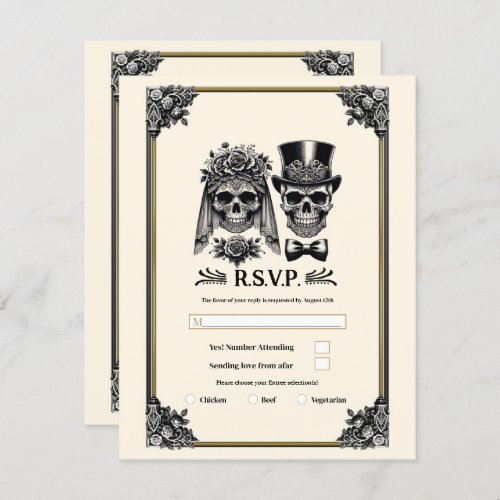 Cream Black  Gold Vintage Skeleton Wedding RSVP Invitation