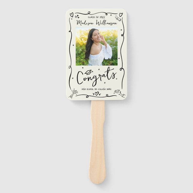 Cream Black Hand Drawn Doodle Graduation 2 Photo Hand Fan (Front)