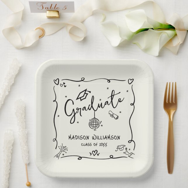 Cream Black Hand Drawn Doodles Graduation Quirky Paper Plates (Wedding)