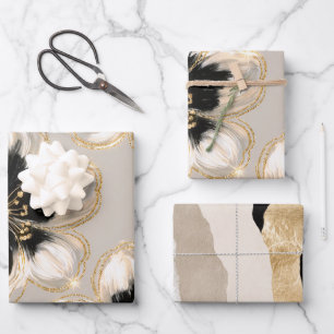 Cream Black Ivory Gold Flowers Wrapping Paper Sheets