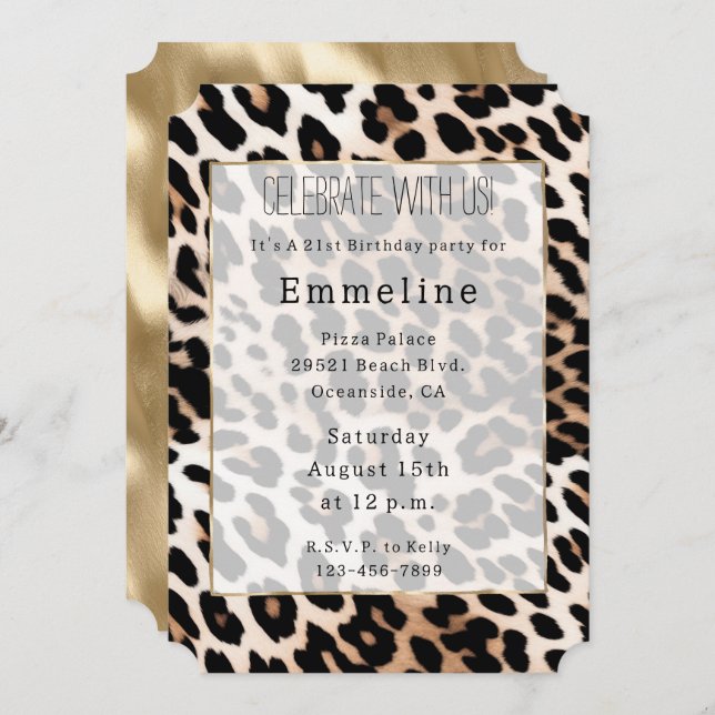 Cream Black Leopard & Gold Invitation (Front/Back)