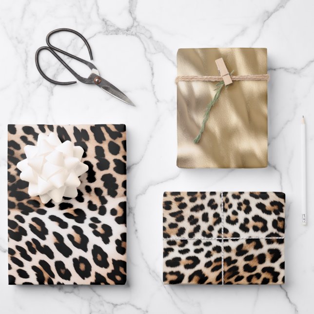 Cream Black Leopard & Gold Wrapping Paper Sheets (Front)
