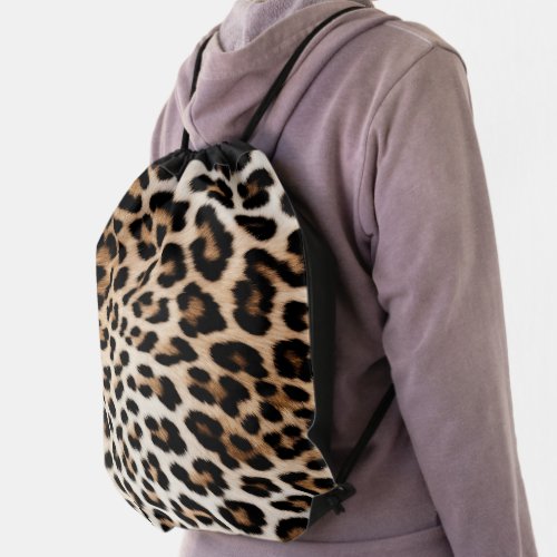 Cream Black Leopard Print Drawstring Bag