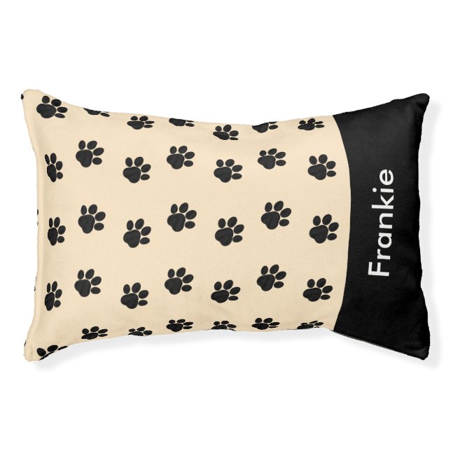 Cream Black Paw Prints Personalized Dog Pet Bed (Front)