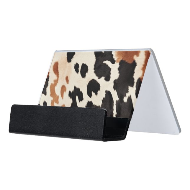 Cream Black Southwest Cowhide Desk Business Card Holder (Angled Front)