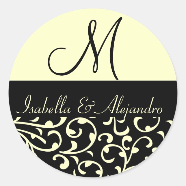 Cream Black Swirl Damask Monogram Wedding Labels (Front)