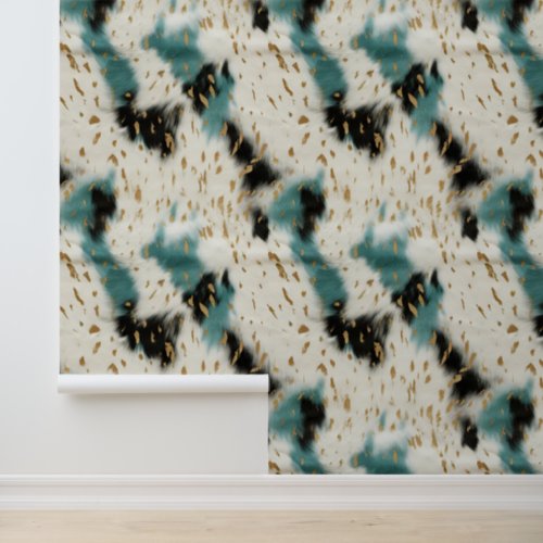 Cream Black Teal Southwest Cowhide Wallpaper