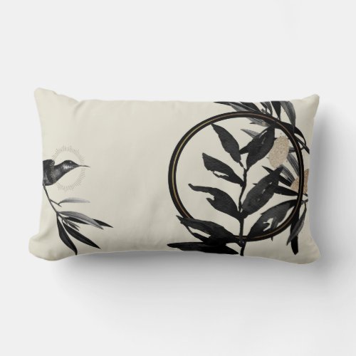 Cream  Black Watercolor Leaves Lumbar Pillow