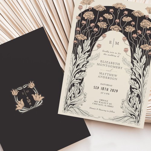 Cream  Black Wedding Vintage Art Nouveau Floral Invitation