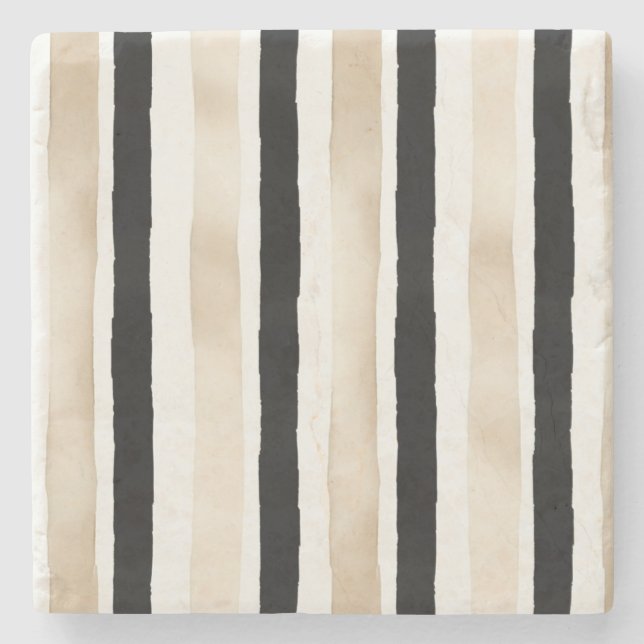 Cream Black White Stripes Stone Coaster (Front)
