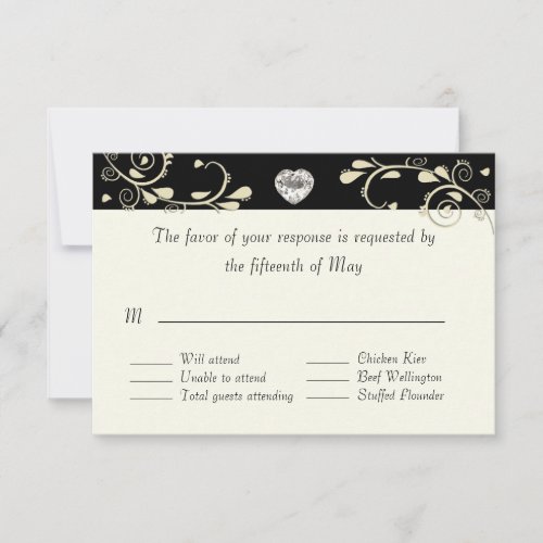 Cream &amp; Black With Heart Wedding RSVP Card