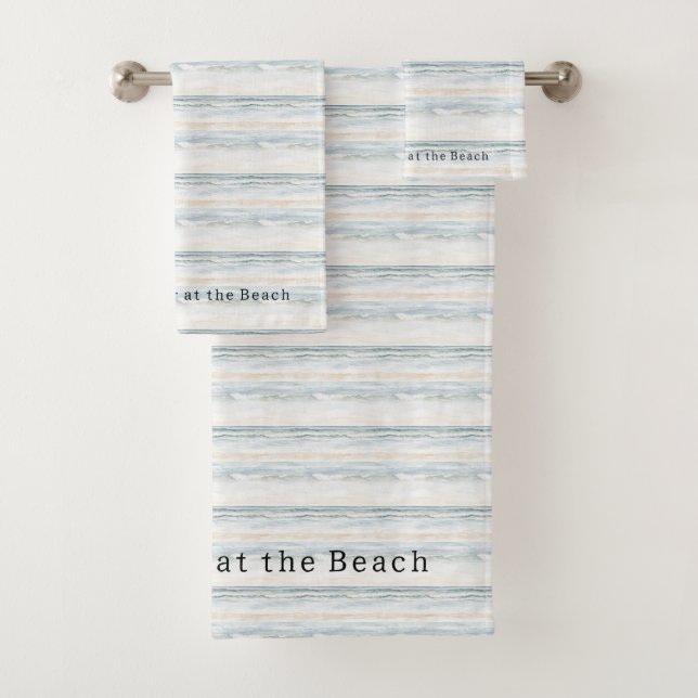 Cream Blue Beach Ocean Waves Bath Towel Set (Insitu)