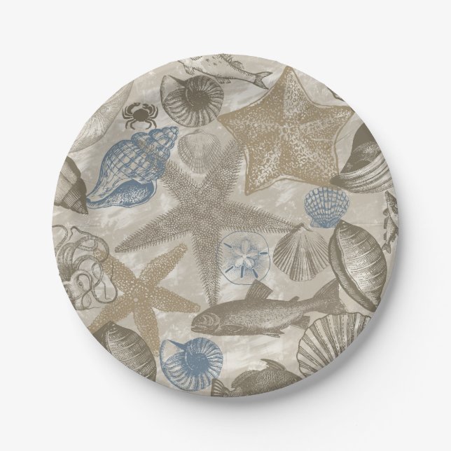 Cream Blue Beach Sea Shells Paper Plates (Front)