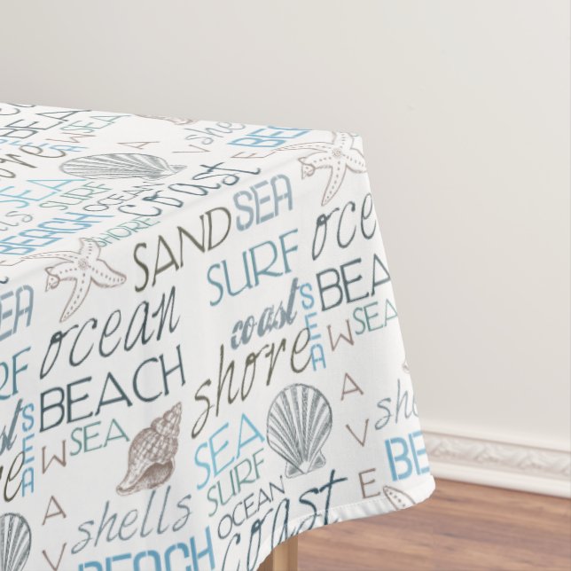 Cream Blue Beach Shells Tablecloth (In Situ)