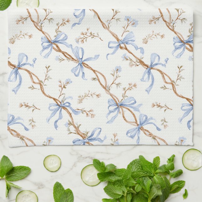 Cream Blue Bows Kitchen Towel (Folded)
