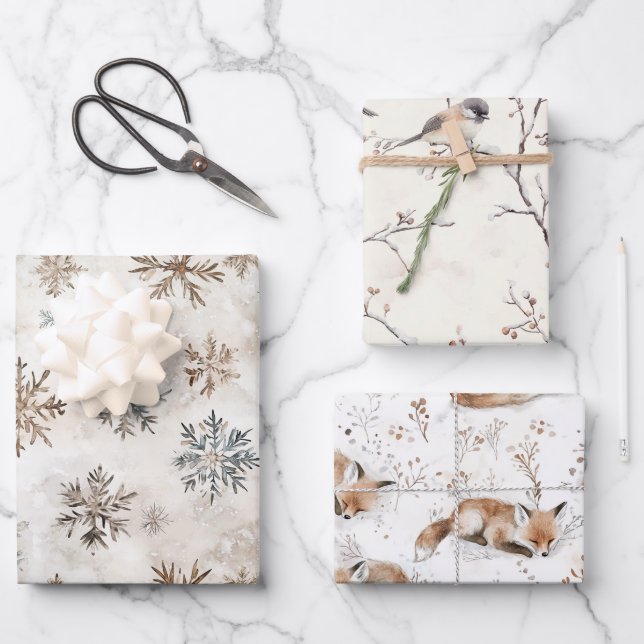 Cream Blue Brown Snowflakes Birds Fox Christmas Wrapping Paper Sheets (Front)