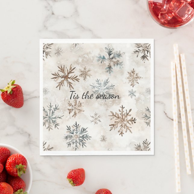 Cream Blue Brown Snowflakes Christmas Napkins (Insitu)