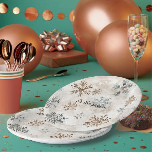 Cream Blue Brown Snowflakes Christmas Paper Plates