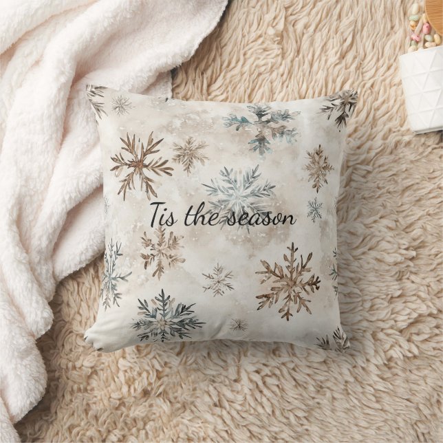 Cream Blue Brown Snowflakes Christmas Throw Pillow (Blanket)