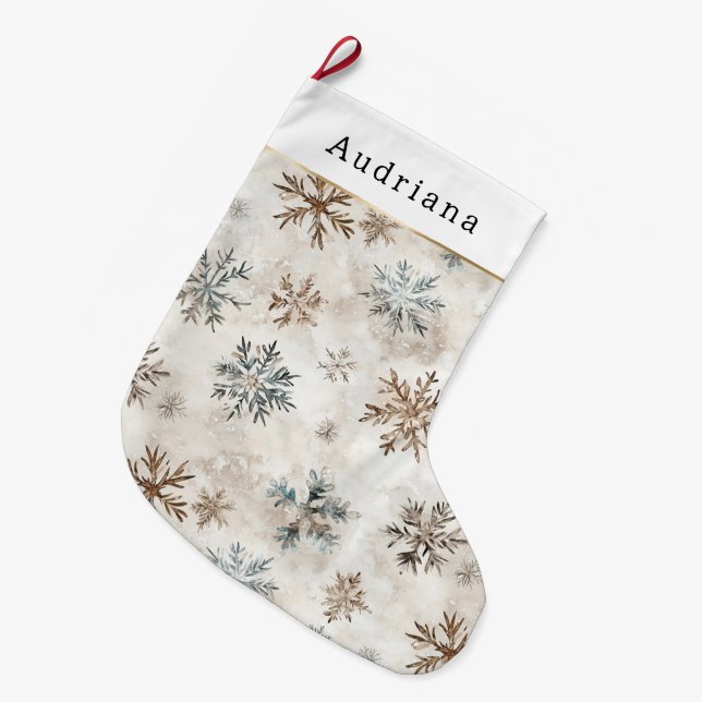 Cream Blue Brown Snowflakes   Large Christmas Stocking (Front (Hanging))