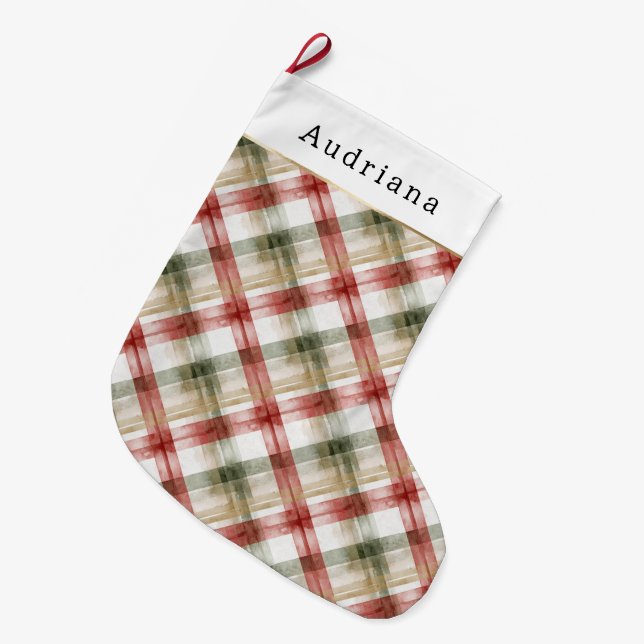 Cream Blue Brown Snowflakes   Large Christmas Stocking (Front (Hanging))