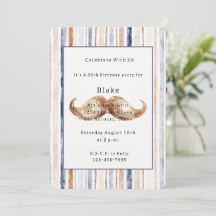 Cream Blue Brown Stripes Mustache Birthday Invitation
