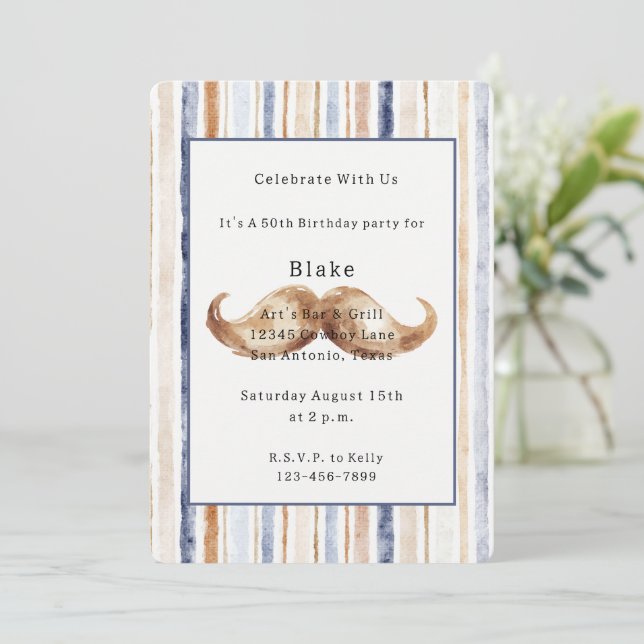 Cream Blue Brown Stripes Mustache Birthday Invitation (Standing Front)