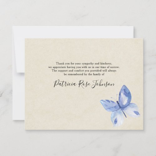 Cream Blue Butterfly Funeral Memorial Thank You Card