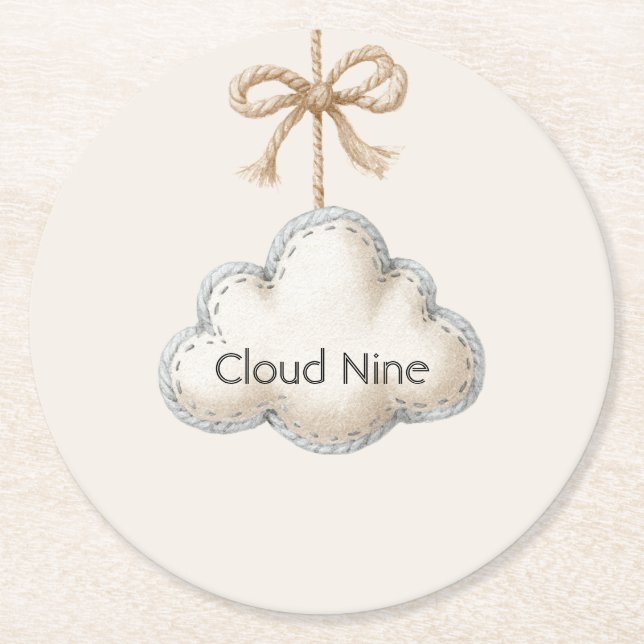 Cream Blue Cloud Nine Baby Shower Round Paper Coaster (Front)