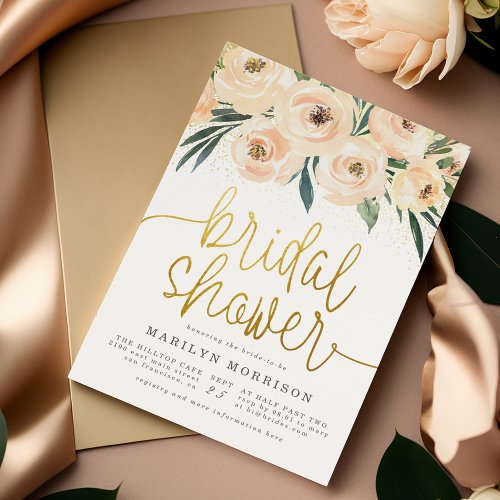 Cream  Blue Flowers Gold Script Bridal Shower Invitation