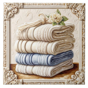 Cream & Blue Fluffy Towels Bodycare Funny Bathroom Ceramic Tile