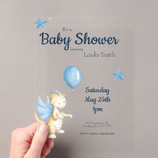 Cream Blue Gender Neutral Baby Shower Acrylic Invitations
