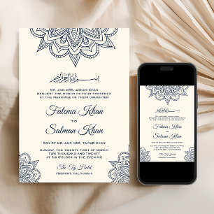 Cream Blue Henna Mehndi Islamic Muslim Wedding Invitation